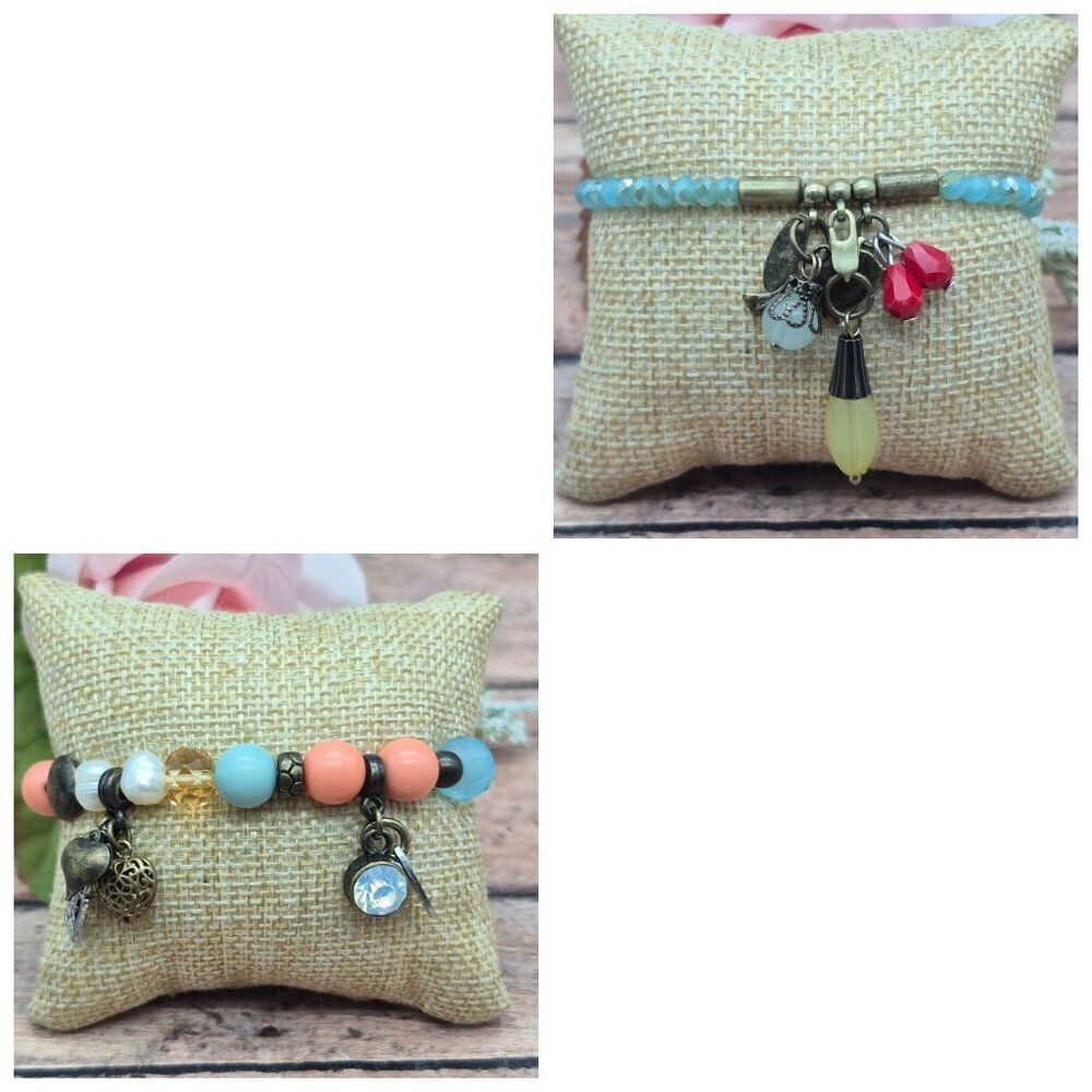 Lot of 2 PLUNDER Beaded Charm Bracelets Bird Heart Antique Gold Tone Boho Hippie